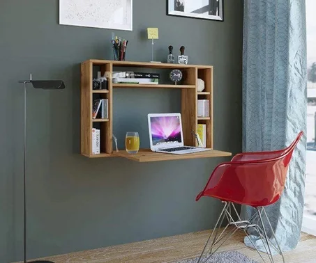 مكتب منزلي . مكتب كمبيوتر مع رفوف تخزين،