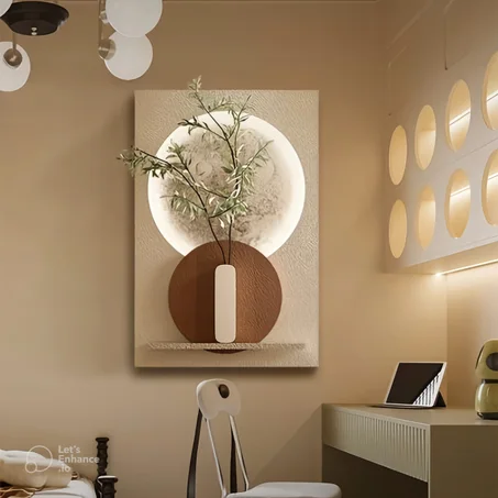 لوحة ديكور حائطية بإضاءة LED عصرية مع رف خشبي