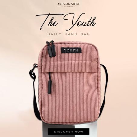 Youth Casual Square Bag -  Small Bag Zipper Closure (Pink)