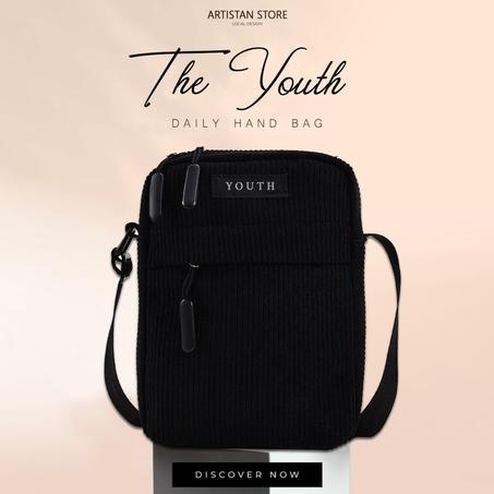 Youth Casual Square Bag -  Small Bag Zipper Closure (Black)