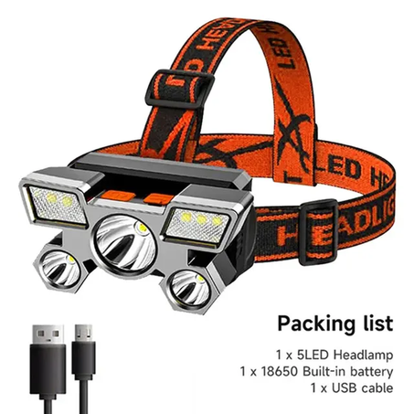 Lampe frontale portable rechargeable USB à 5 LED avec batterie intégrée