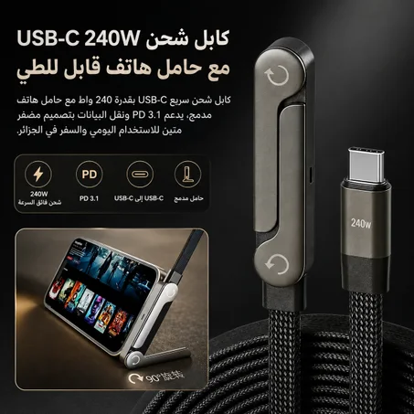 كابل شحن USB-C 240W مع حامل هاتف قابل للطي