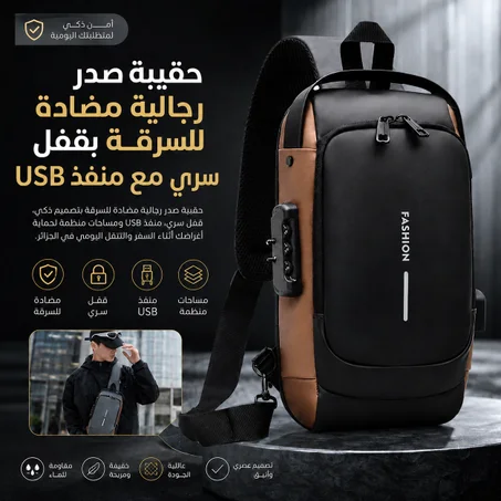 حقيبة صدر رجالية مضادة للسرقة بقفل سري وUSB