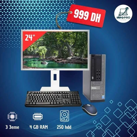 Pack PC Bureau Complet –dell i3 3eme/4gb/250hdd + Écran 24’’+souris+clavier+cables d alimentation