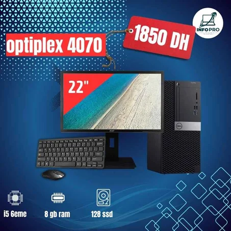 Pack PC Bureau Complet –DELL i5 6eme/8gb/128 ssd + Écran 22’’  + souris + clavier + cables d alimentation. (optiplex 4070)