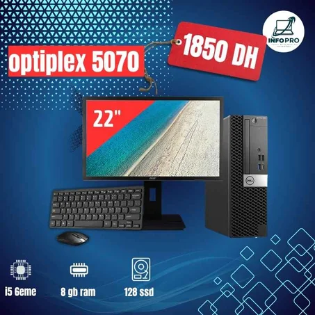 Pack PC Bureau Complet –DELL i5 6eme/8gb/128 ssd + Écran 22’’  + souris + clavier + cables d alimentation. (optiplex 5070)