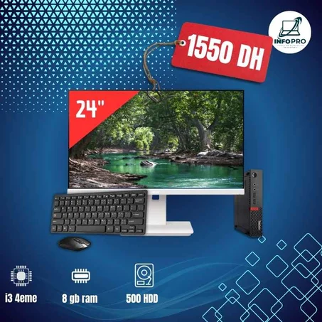 Pack PC Bureau Complet –LENOVO i3 4eme/8gb/500 hdd+ Écran 24’’ framless + souris + clavier + cables d alimentation.