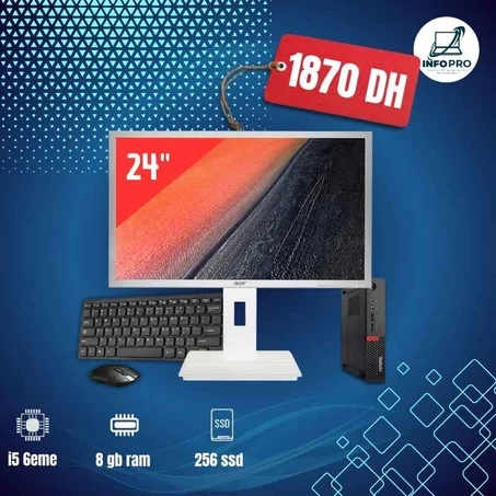 Pack PC Bureau Complet –LENOVO i5 6eme/8gb/256ssd+ Écran 24’’+souris+clavier+cables d alimentation