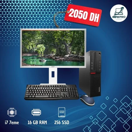 Pack PC Bureau Complet –Lenovo i7 7eme/16gb ram/256 ssd  + Écran 24’’ accer+souris+clavier+cables d alimentation