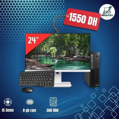 Pack PC Bureau Complet –Lenovo i5 3eme/8gb/500 hdd + Écran 24’’ framless + souris + clavier + cables d alimentation.