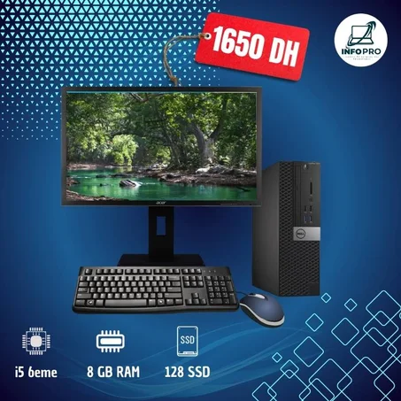 Pack PC Bureau Complet –dell i5 6eme/8gb/128SSD + Écran 24’’+souris+clavier+cables d alimentation
