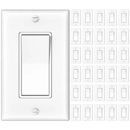 Amico Paquete de 30 Interruptores de Luz de Un Solo Polo con Placa de Pared, Listado UL, 15A 120/277V, Interruptor de Pared de Paleta Basculante de Encendido/Apagado, Tornillo de Conexión a T