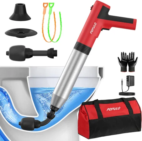 POPULO - Émbolo eléctrico para inodoro Swift, desatascador de drenaje de alta presión para baño, pisos, ducha, resistente y versátil, removedor de obstrucciones de inodoro para el hogar