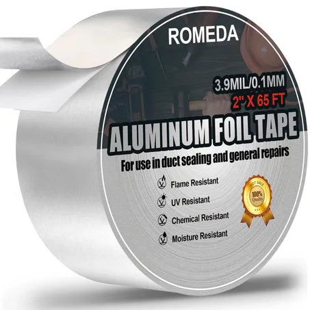 Cinta de aluminio de Romeda, 2 pulgadas x 65 pies, cinta de papel de aluminio (3.9 mil), cinta adhesiva de metal plateada para aislamiento, cintas adhesivas para HVAC resistentes a altas temp