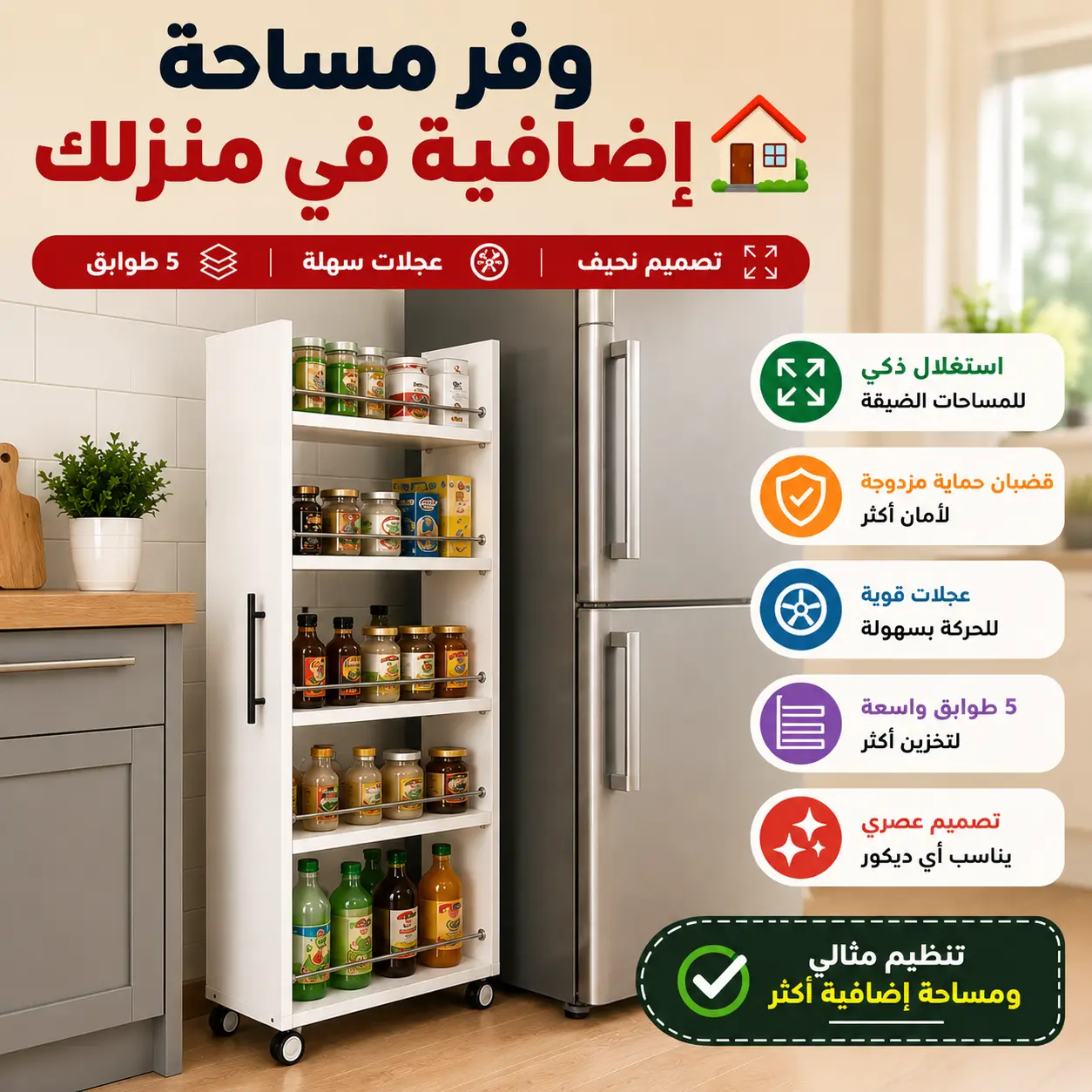 منظم تخزين متحرك بـ 5 طوابق | الحل الذكي لاستغلال المساحات الضيقة