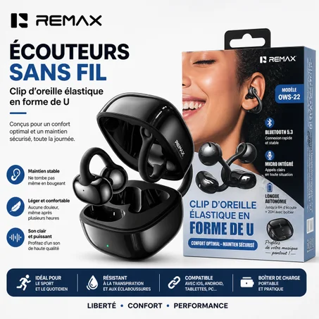 Écouteurs Remax sans fil, sportifs à clipser