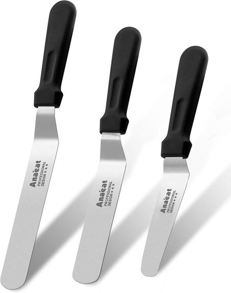 Anaeat Espátulas de glaseado, juego de 3 espátulas profesionales en ángulo con cuchillas de acero inoxidable de 4, 6 y 8 pulgadas, cuchillo de glaseado grueso con mango de plástico para decor