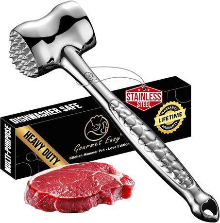Ablandador de carne de acero inoxidable - Martillo de carne clásico prémium - Mazo de carne de cocina - Herramienta ablandadora de carne de pollo y ternera - Aplanador de carne - Agarre antid