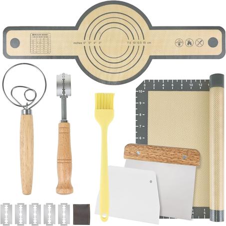 Juego de 7 herramientas para hacer pan, incluye alfombrilla de repostería de silicona, alfombrilla redonda para hornear, batidor de masa danesa de masa madre, puntuación de masa coja de pan, 