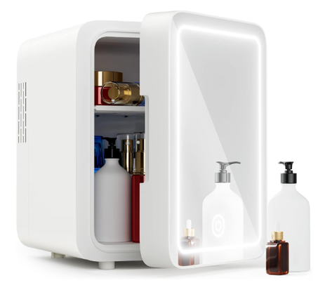 ثلاجة مكياج صغيرة بيضاء مع باب عاكس واضاءة LED قابلة للتعديل محمولة سعة 6 لتر تجميل شخصية للمنزل للعناية بالبشرة والمشروبات والسيارة