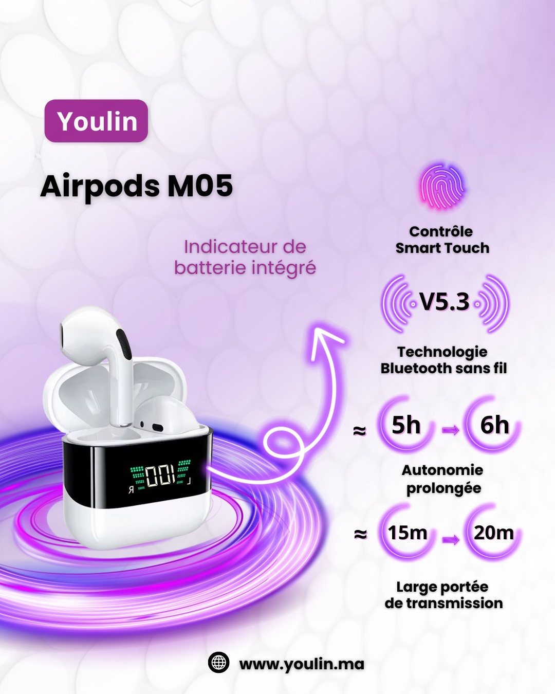 سماعات بلوتوث M05 مع مؤشر البطارية وتحكم باللمس