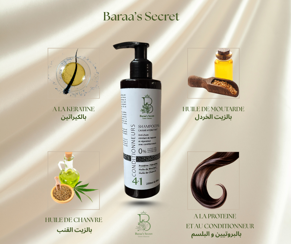 Shampoing Anti-Chute en Caviar hydratant Sans Sulfate, Sans Silicone, Sans Parabène à Base de kératine, Huile de Chanvre et de Moutarde شامبو علاجي فاخر بالكافيار والكيراتين لتقوية الشعر ومنع