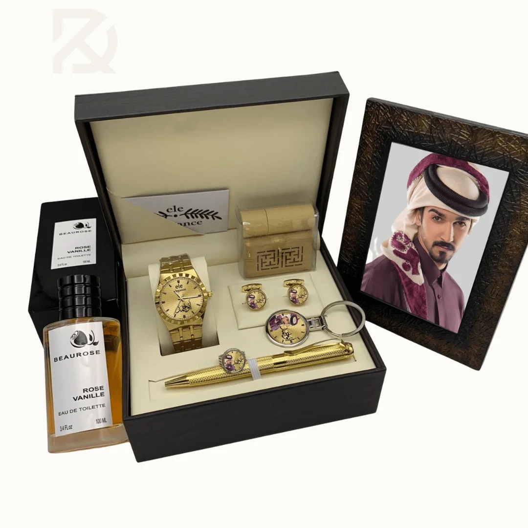 طقم إهداء رجالي فاخر مع ساعة وعطر وبرواز صورة مخصص