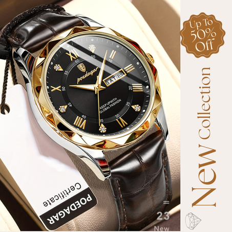 Montre Homme Élégante POEDAGAR – Bracelet Cuir Marron & Cadran Doré