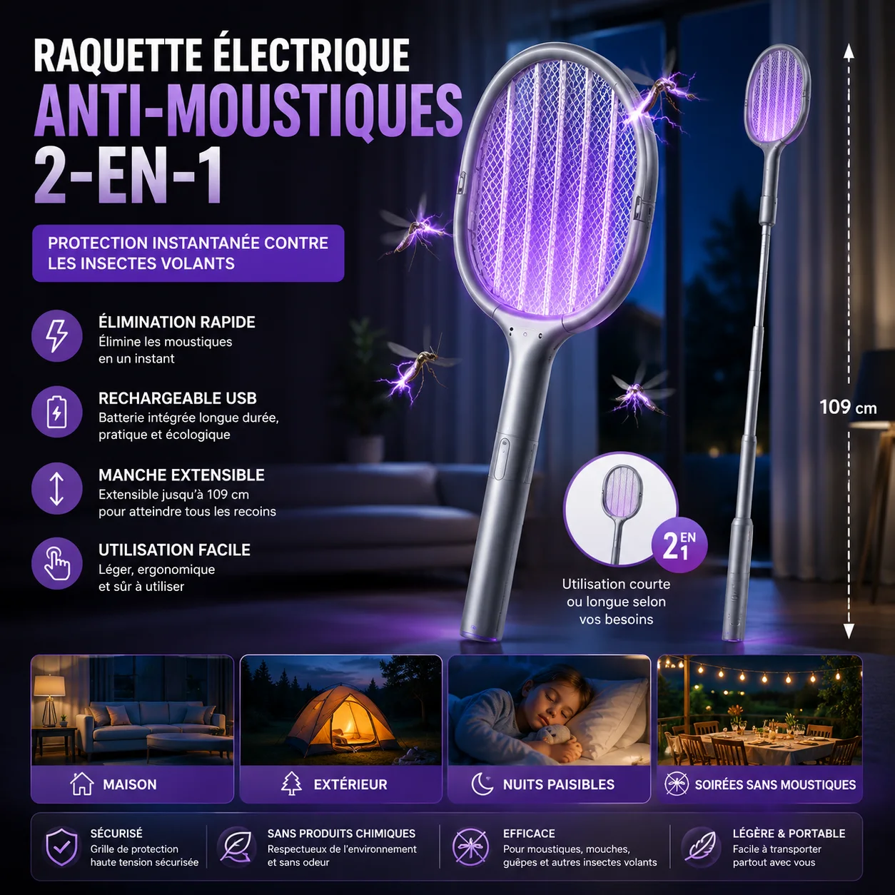 Raquette Anti-Moustiques 2 en 1