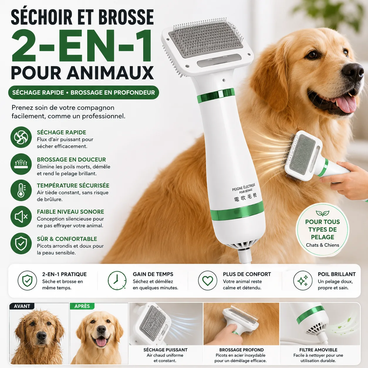 Séchoir & Brosse 2-en-1 Animaux
