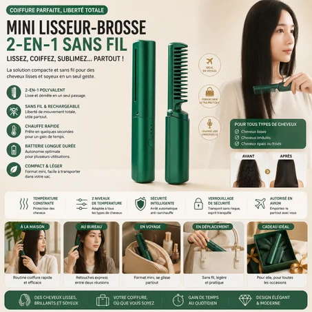 Mini Lisseur-Brosse 2-en-1 Sans Fil