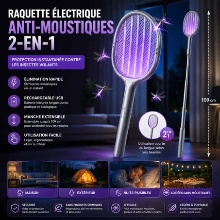 Raquette Anti-Moustiques Électrique 2 en 1