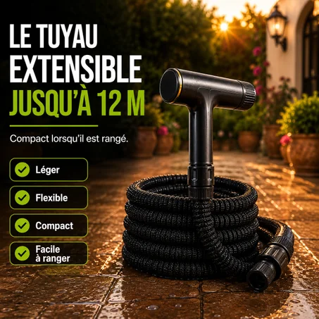 Tuyau Extensible 12M avec Pistolet d'Arrosage | Léger, Flexible et Compact