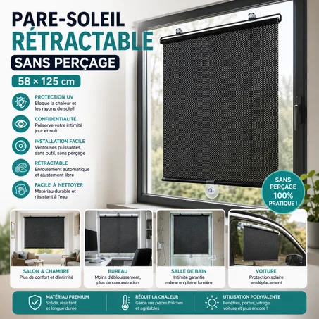 Pare-Soleil Rétractable Sans Perçage  58 × 125 cm