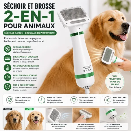 SÉCHOIR ET BROSSE 2-EN-1 POUR ANIMAUX