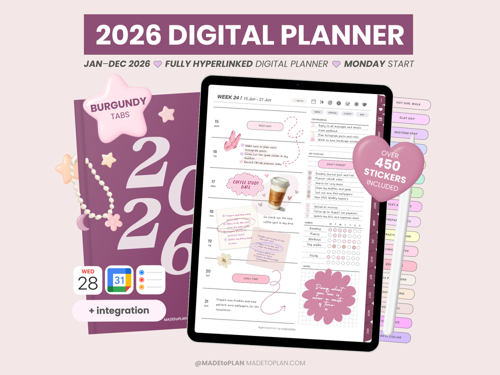 2026 Planner BURGUNDY Tabs