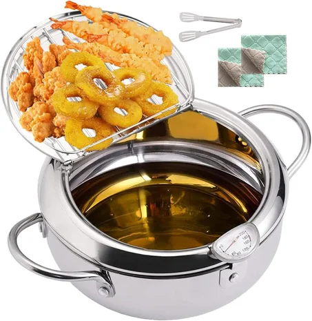 Friteuse Japonaise en inox 3,4L , avec thermomètre, couvercle et grille d'égouttage pour cuisses de dinde, ailes de poulet et frites.