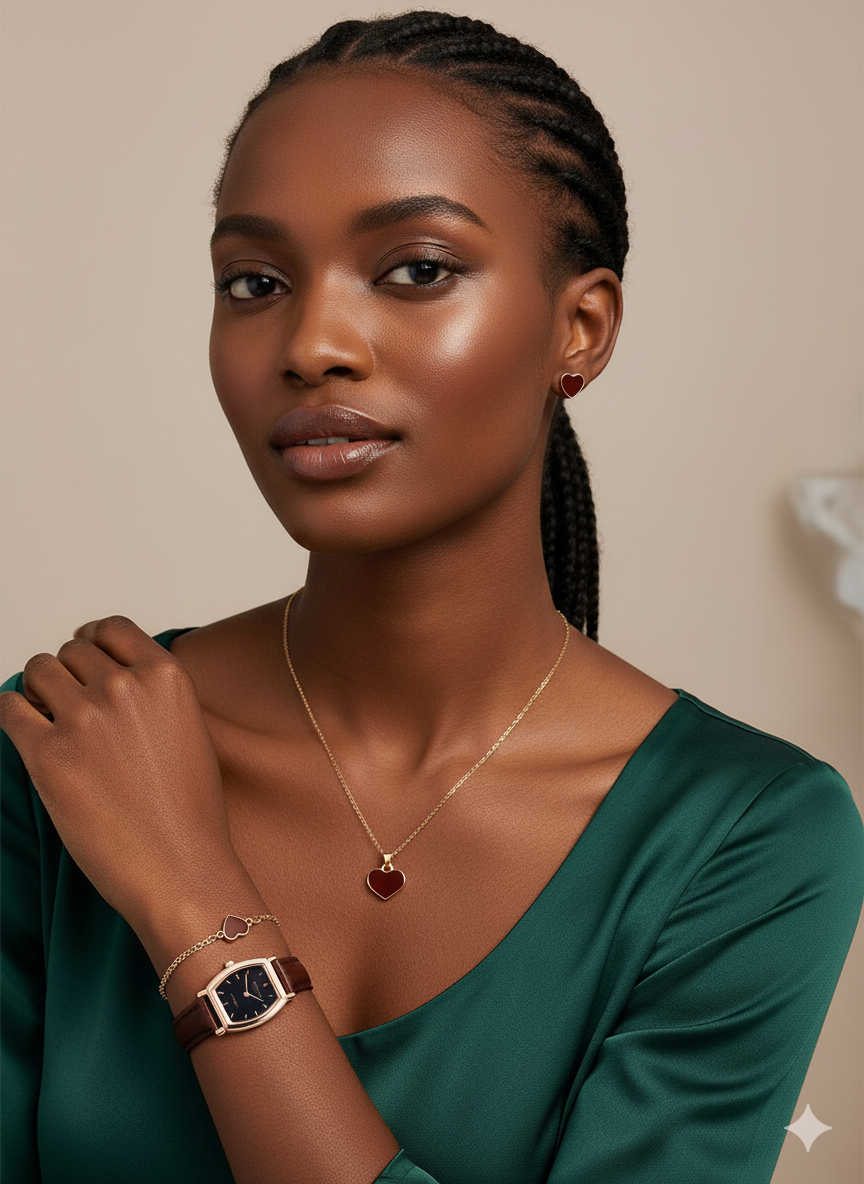 Ensemble de bijoux, montre Elegant Chic en forme de cœur tabac