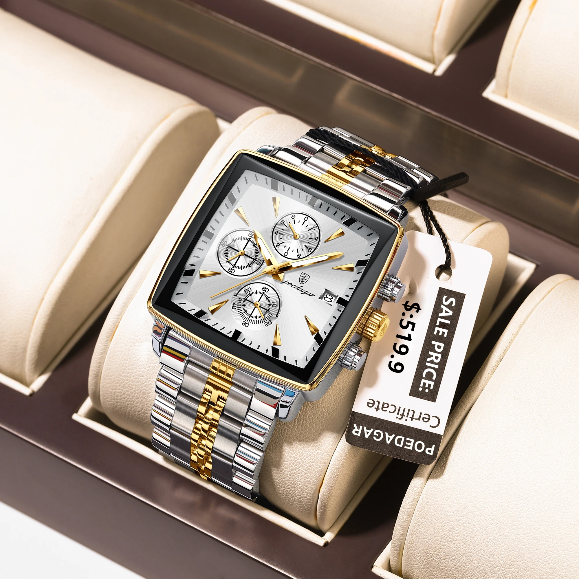 POEDAGAR 866 montres à quartz en acier inoxydable pour hommes montre-bracelet carrée de luxe pour hommes