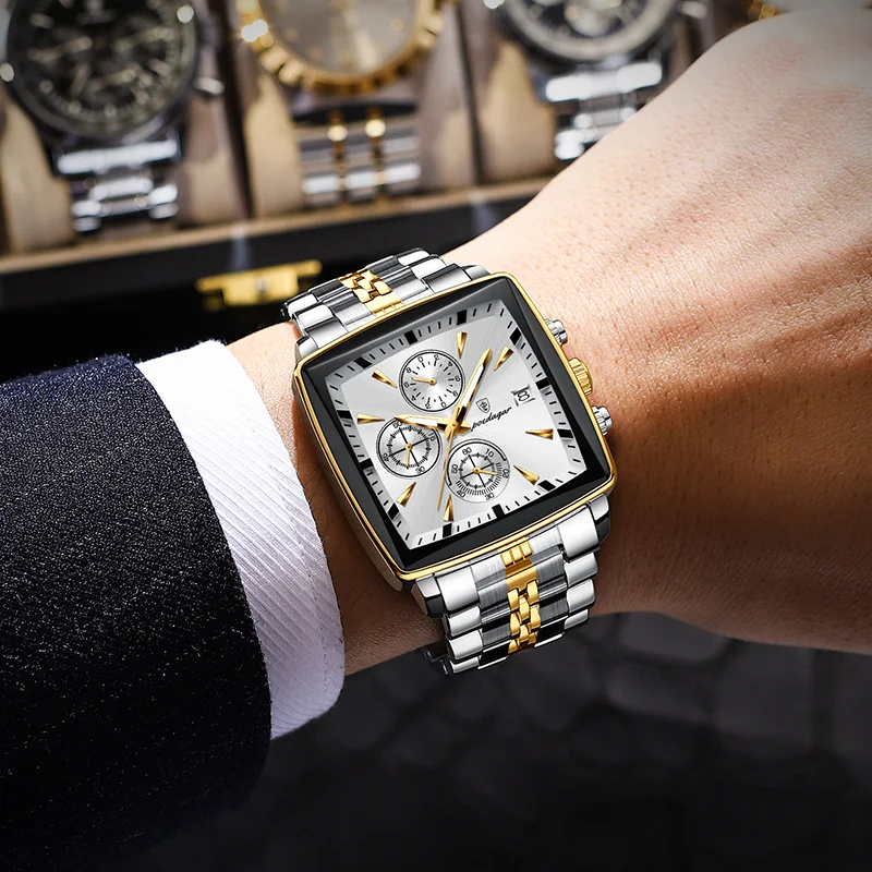 POEDAGAR 866 montres à quartz en acier inoxydable pour hommes montre-bracelet carrée de luxe pour hommes