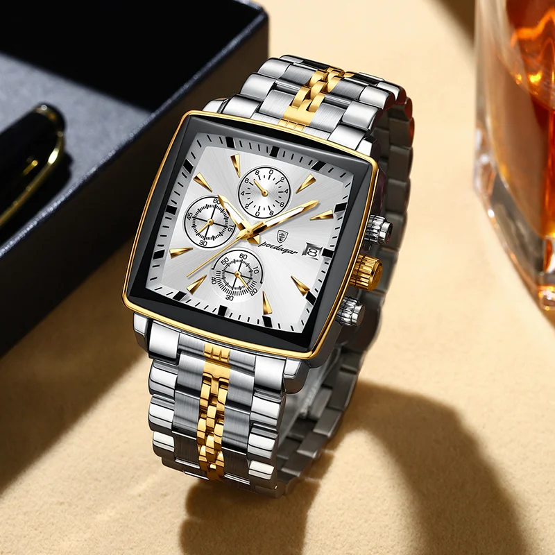 POEDAGAR 866 montres à quartz en acier inoxydable pour hommes montre-bracelet carrée de luxe pour hommes