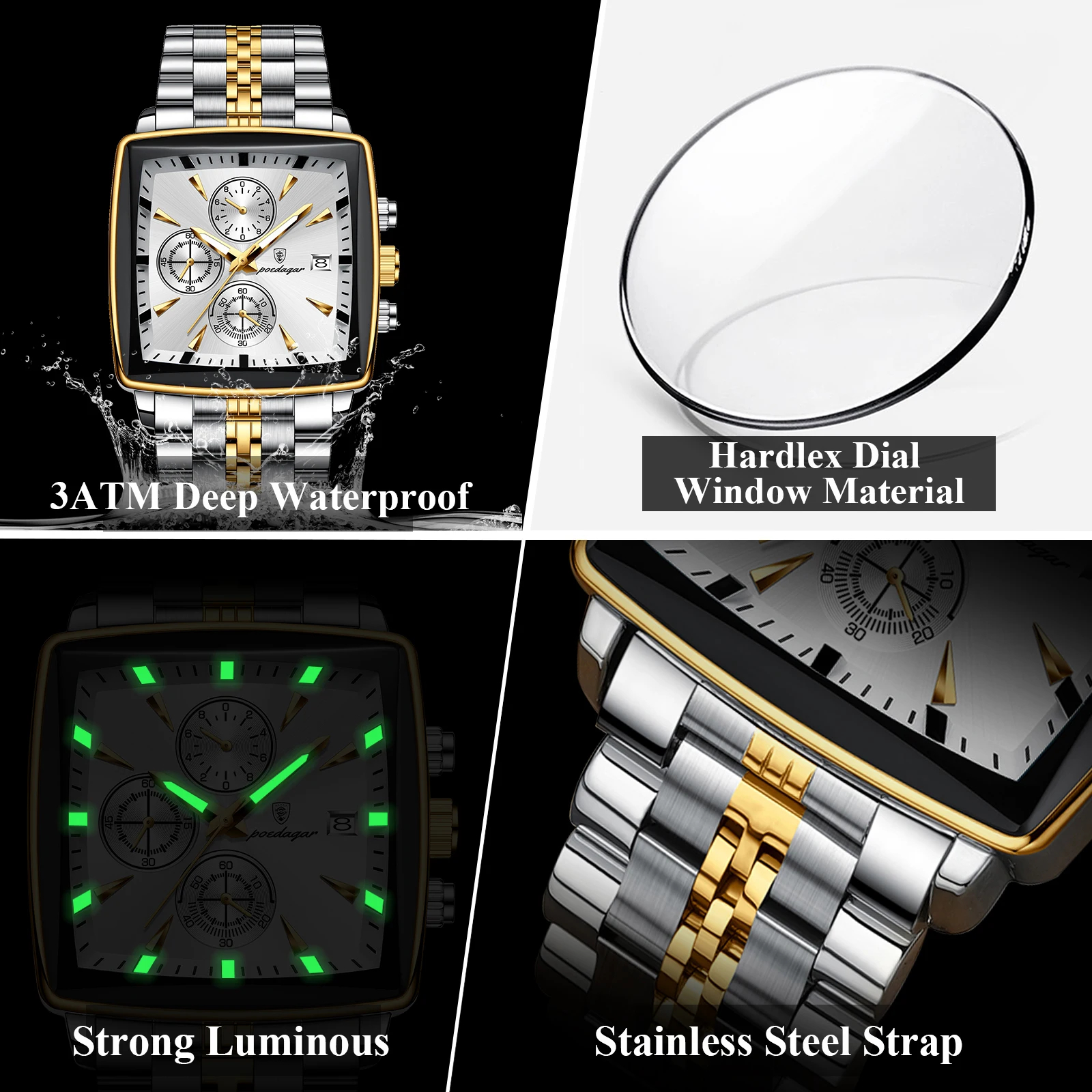POEDAGAR 866 montres à quartz en acier inoxydable pour hommes montre-bracelet carrée de luxe pour hommes