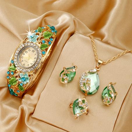 Coffret Luxe 4 pieces Montre de luxe dorée avec cristaux étincelants