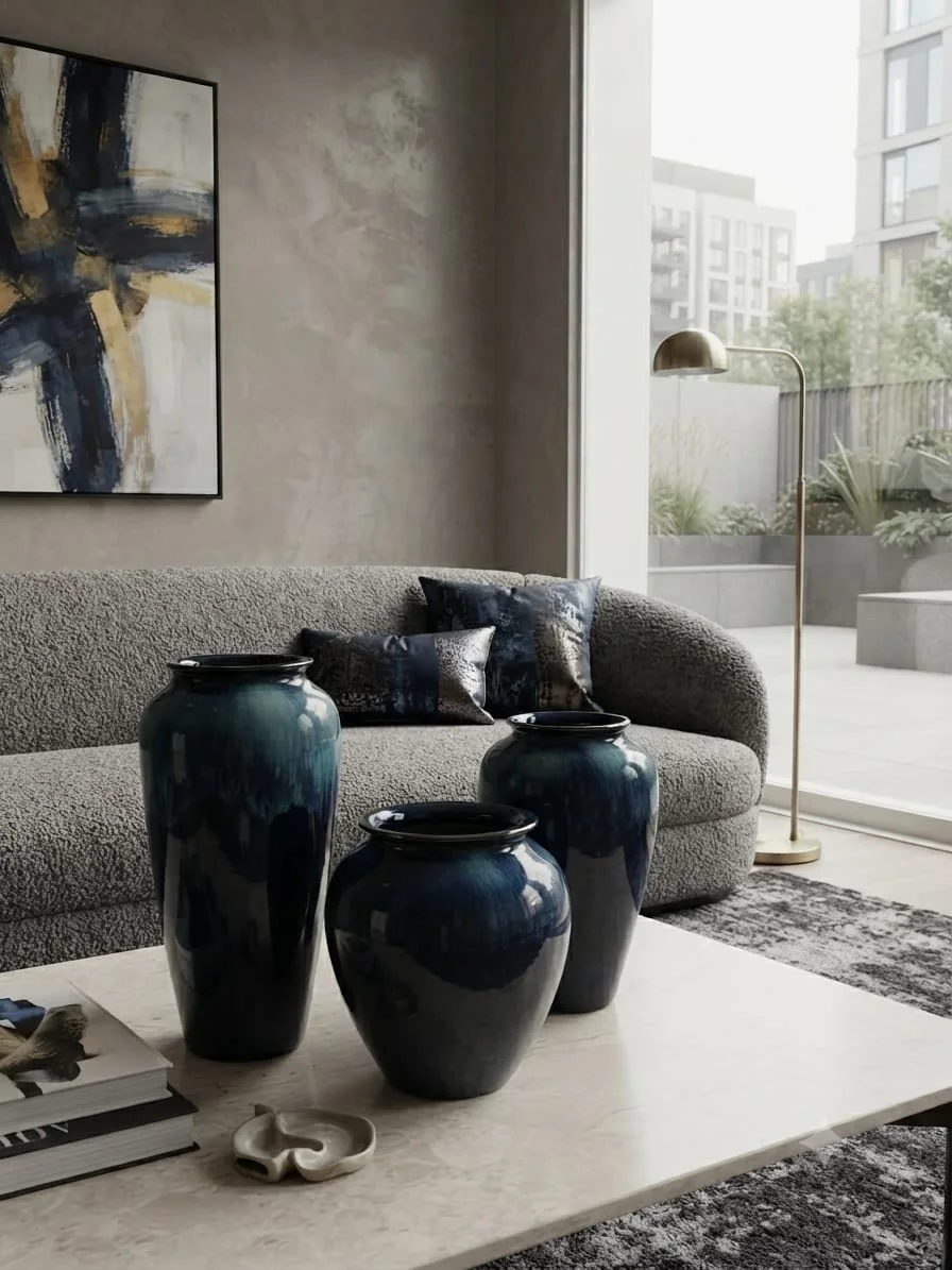 Ensemble de Vases Décoratifs Sculpturaux Bleu Nuit en Céramique