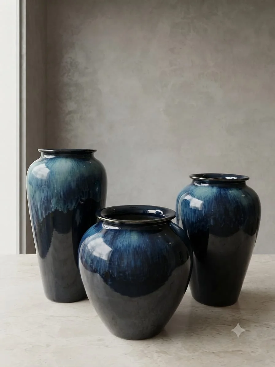 Ensemble de Vases Décoratifs Sculpturaux Bleu Nuit en Céramique