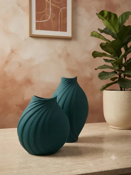 Duo de Vases Décoratifs Sculpturaux – Design Strié Vert Canard / Émeraude