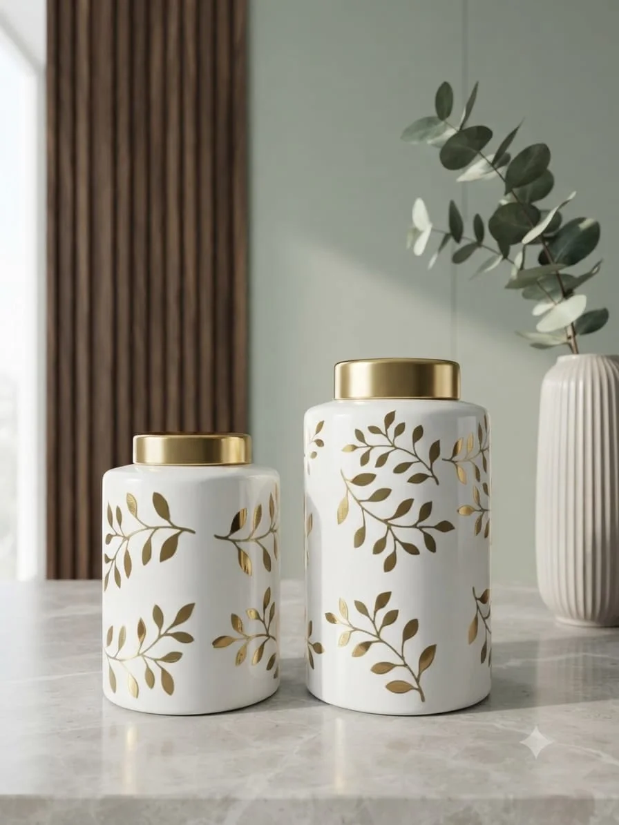 Duo de Vases / Pots Décoratifs en Céramique Blanche & Feuillages Dorés