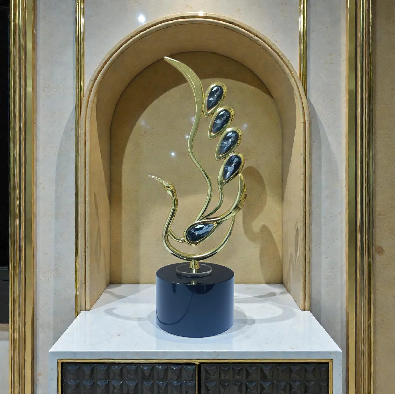 Paon décoratif chic en métal inoxydable + marbre