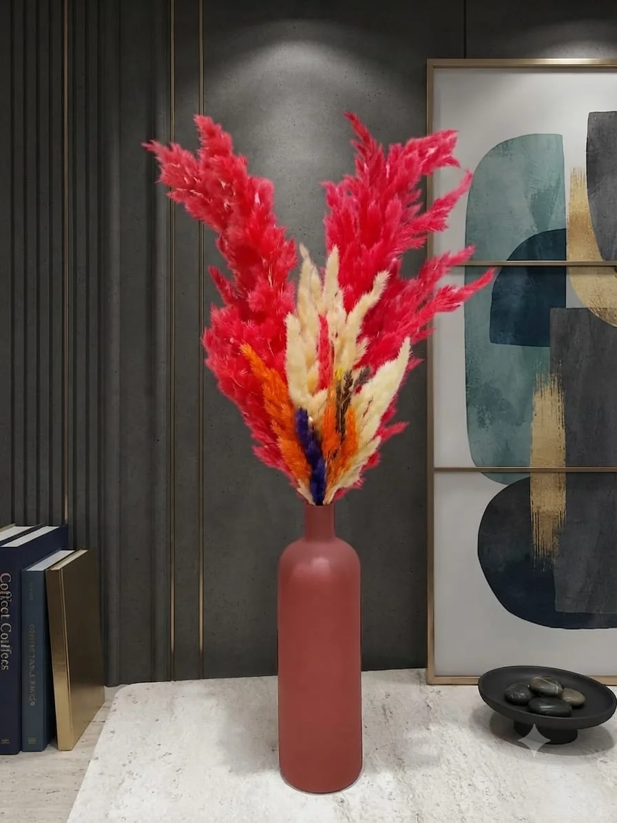 Vase Décoratif & Bouquet de Fleurs Séchées & Pampas Colorées