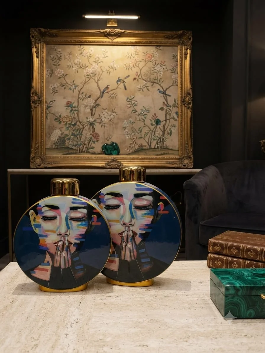 Deux vases d'art avec couvercle en porcelaine